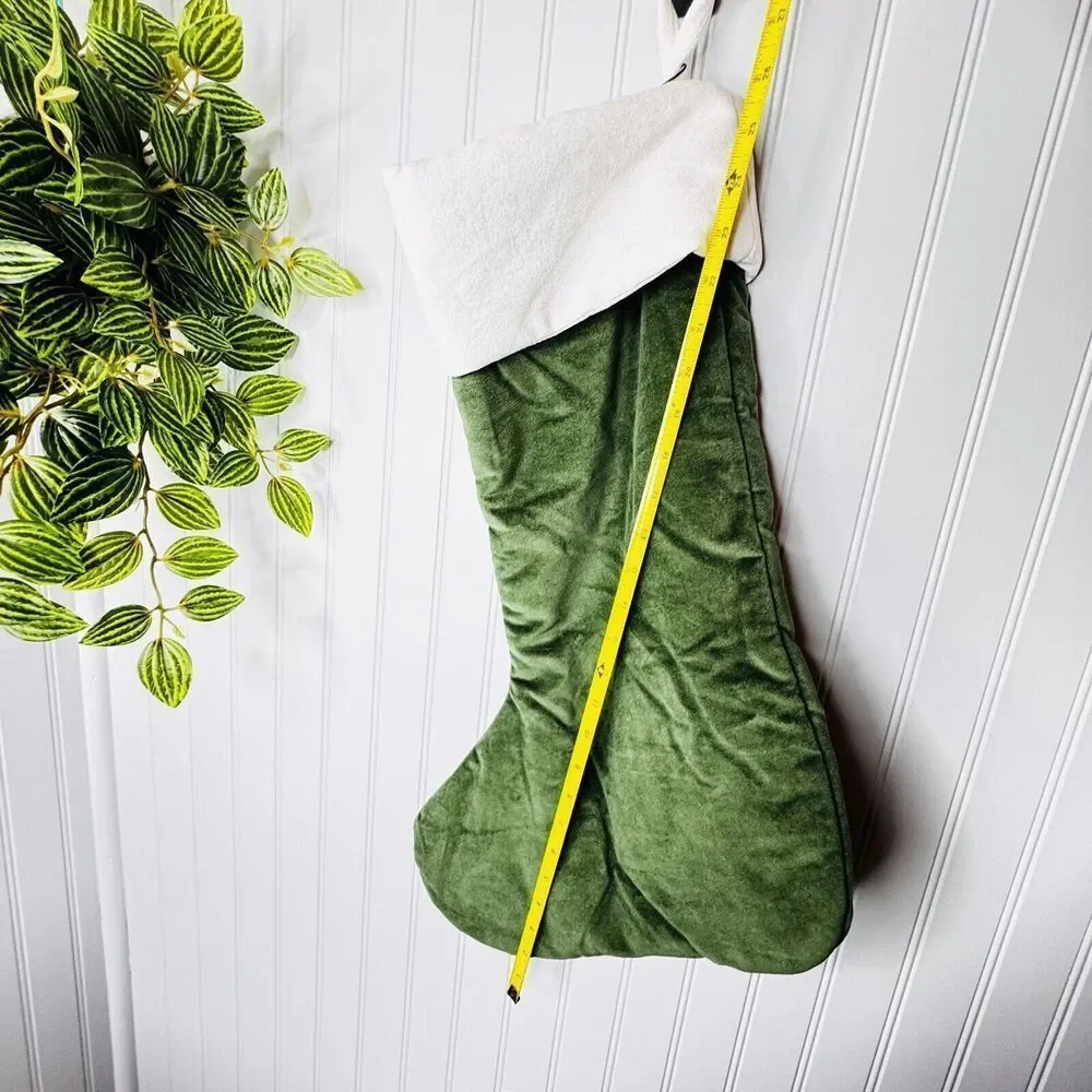 West Elm SOPHIA Oversized Christmas Stocking Green White Velvet Mono NWOT